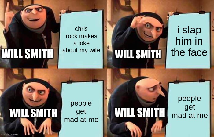 free black salt | chris rock makes a joke about my wife; i slap him in the face; WILL SMITH; WILL SMITH; people get mad at me; people get mad at me; WILL SMITH; WILL SMITH | image tagged in memes,gru's plan | made w/ Imgflip meme maker