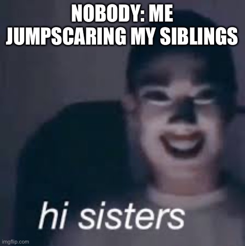 hi sisters | NOBODY: ME JUMPSCARING MY SIBLINGS | image tagged in hi sisters | made w/ Imgflip meme maker