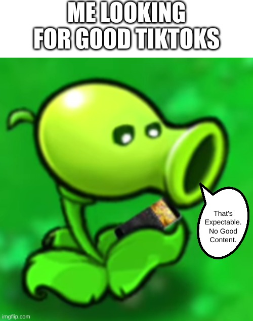 a clever title | ME LOOKING FOR GOOD TIKTOKS; That's Expectable. No Good Content. | image tagged in memes,blank transparent square,peashooter looking at his phone | made w/ Imgflip meme maker