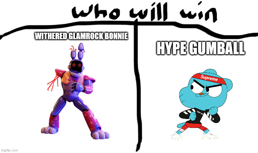 WITHERED GLAMROCK BONNIE; HYPE GUMBALL | image tagged in the amazing world of gumball | made w/ Imgflip meme maker