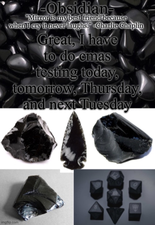 -Obsidian- | Great, I have to do cmas testing today, tomorrow, Thursday, and next Tuesday | image tagged in -obsidian- | made w/ Imgflip meme maker