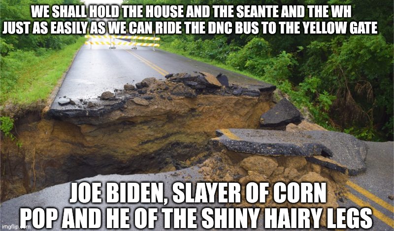 Drive Joe, Drive Faster | WE SHALL HOLD THE HOUSE AND THE SEANTE AND THE WH JUST AS EASILY AS WE CAN RIDE THE DNC BUS TO THE YELLOW GATE; JOE BIDEN, SLAYER OF CORN POP AND HE OF THE SHINY HAIRY LEGS | image tagged in joe biden,dnc,democrats,stupid liberals,nancy pelosi,aoc | made w/ Imgflip meme maker