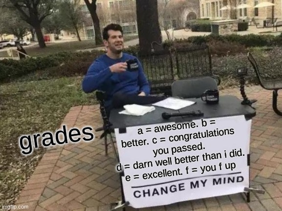 beanz | grades; a = awesome. b = better. c = congratulations you passed.
d = darn well better than i did. e = excellent. f = you f up | image tagged in memes,change my mind | made w/ Imgflip meme maker