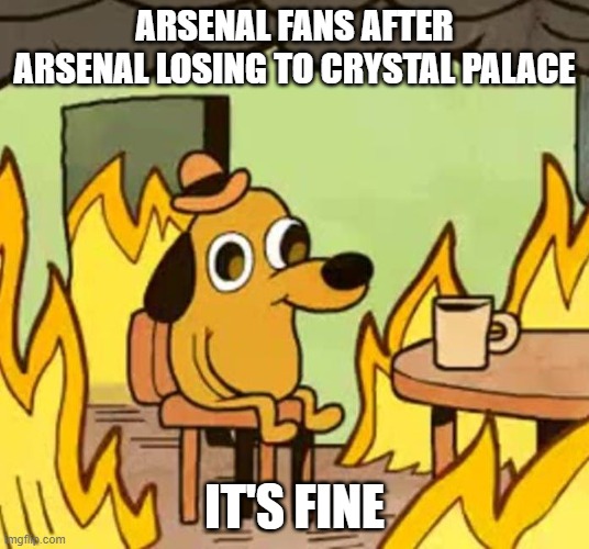 will arsenal go back to the champions league? | ARSENAL FANS AFTER ARSENAL LOSING TO CRYSTAL PALACE; IT'S FINE | image tagged in its fine,arsenal,premier league | made w/ Imgflip meme maker