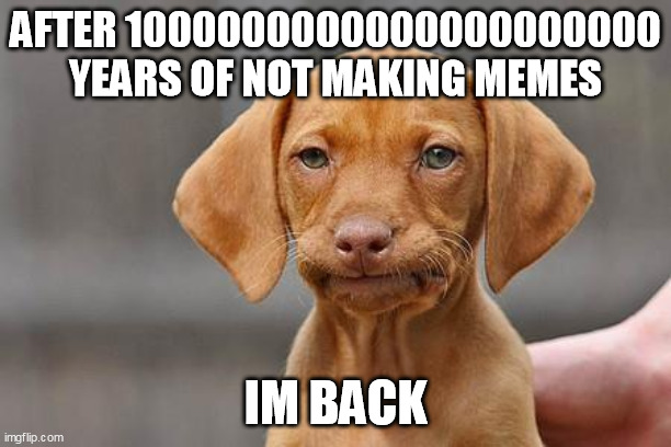 im back | AFTER 1000000000000000000000 YEARS OF NOT MAKING MEMES; IM BACK | image tagged in dissapointed puppy | made w/ Imgflip meme maker