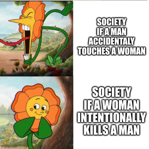 Cuphead Flower | SOCIETY IF A MAN ACCIDENTALY TOUCHES A WOMAN; SOCIETY IF A WOMAN INTENTIONALLY KILLS A MAN | image tagged in cuphead flower | made w/ Imgflip meme maker
