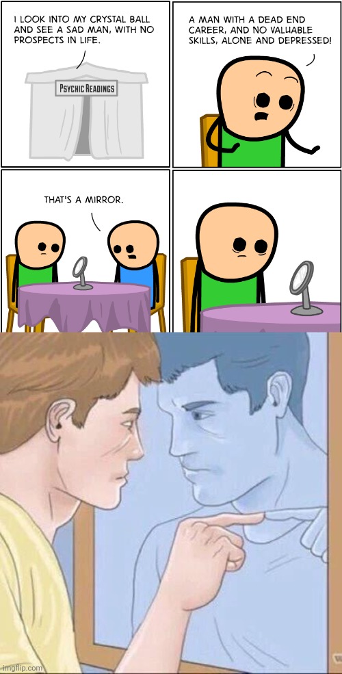 Mirror | image tagged in pointing mirror guy,comics/cartoons,cyanide and happiness,mirror,psychic,memes | made w/ Imgflip meme maker