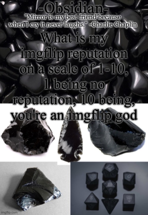 -Obsidian- | What is my imgflip reputation on a scale of 1-10, 1 being no reputation, 10 being, you're an imgflip god | image tagged in -obsidian- | made w/ Imgflip meme maker
