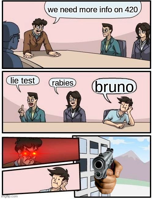 good title | we need more info on 420; lie test; rabies; bruno | image tagged in memes,boardroom meeting suggestion | made w/ Imgflip meme maker