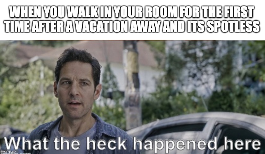 its so strange! |  WHEN YOU WALK IN YOUR ROOM FOR THE FIRST TIME AFTER A VACATION AWAY AND ITS SPOTLESS | image tagged in antman what the heck happened here,funny,memes,fun,clean,room | made w/ Imgflip meme maker