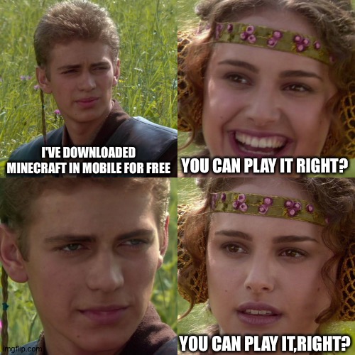 WHEN YOU DOWNLOAD MINECRAFT FOR FREE | I'VE DOWNLOADED MINECRAFT IN MOBILE FOR FREE; YOU CAN PLAY IT RIGHT? YOU CAN PLAY IT,RIGHT? | image tagged in anakin padme 4 panel,minecraft | made w/ Imgflip meme maker