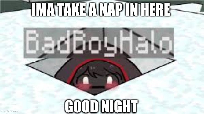 badboyhalo | IMA TAKE A NAP IN HERE; GOOD NIGHT | image tagged in badboyhalo | made w/ Imgflip meme maker