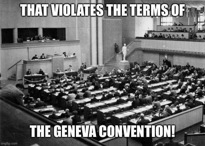 Geneva Convention | THAT VIOLATES THE TERMS OF THE GENEVA CONVENTION! | image tagged in geneva convention | made w/ Imgflip meme maker
