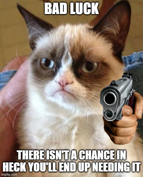 THE ULTIMATE GRUMP BOI | BAD LUCK; THERE ISN'T A CHANCE IN HECK YOU'LL END UP NEEDING IT | image tagged in memes,grumpy cat | made w/ Imgflip meme maker