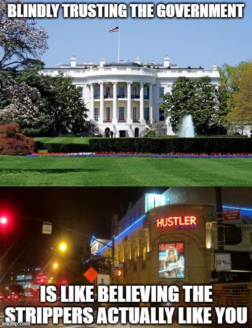 BLINDLY TRUSTING THE GOVERNMENT; IS LIKE BELIEVING THE STRIPPERS ACTUALLY LIKE YOU | image tagged in white house,hunter biden strip club | made w/ Imgflip meme maker