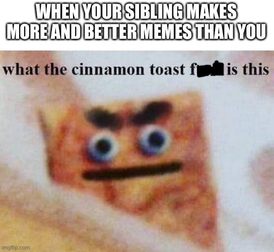 what the cinnamon toast f^%$ is this | WHEN YOUR SIBLING MAKES MORE AND BETTER MEMES THAN YOU | image tagged in what the cinnamon toast f is this | made w/ Imgflip meme maker