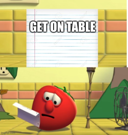 Bob Looking at Script | GET ON TABLE | image tagged in bob looking at script | made w/ Imgflip meme maker