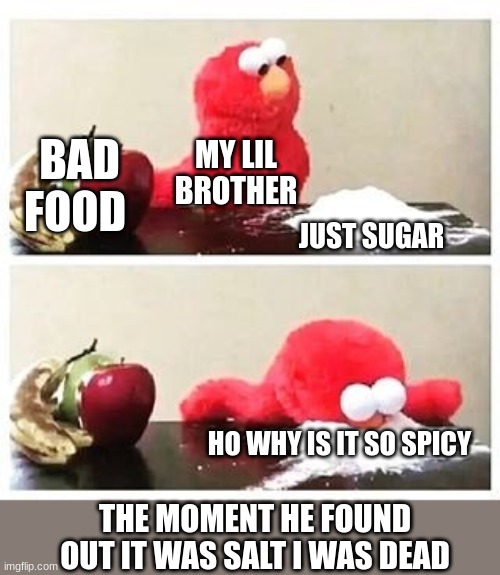 bhuuuuuhbbuytvycjrxrhcfgvjhkbjnkm | BAD FOOD; MY LIL BROTHER; JUST SUGAR; HO WHY IS IT SO SPICY; THE MOMENT HE FOUND OUT IT WAS SALT I WAS DEAD | image tagged in elmo cocaine | made w/ Imgflip meme maker