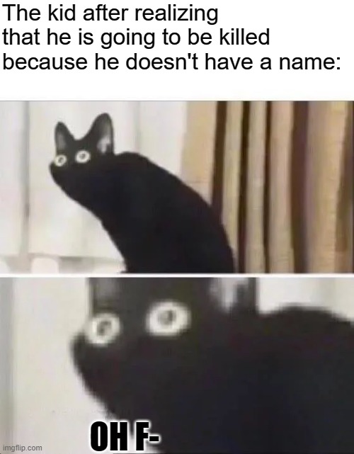 Oh No Black Cat | The kid after realizing that he is going to be killed because he doesn't have a name: OH F- | image tagged in oh no black cat | made w/ Imgflip meme maker