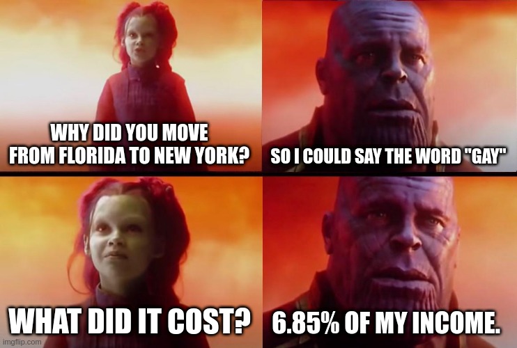 thanos what did it cost | WHY DID YOU MOVE FROM FLORIDA TO NEW YORK? SO I COULD SAY THE WORD "GAY"; WHAT DID IT COST? 6.85% OF MY INCOME. | image tagged in thanos what did it cost | made w/ Imgflip meme maker