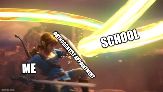 I need to schedule more appointments. Mod edit: Haha! | SCHOOL; ORTHODONTIST APPOINTMENT; ME | image tagged in link defense world of light,school | made w/ Imgflip meme maker