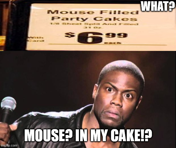 kevin heart idiot | WHAT? MOUSE? IN MY CAKE!? | image tagged in kevin heart idiot | made w/ Imgflip meme maker