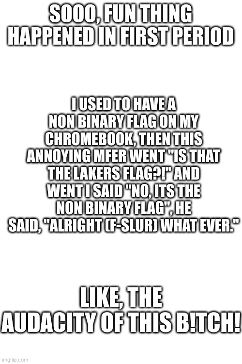 yes, its the same dude from the pronoun thing | I USED TO HAVE A NON BINARY FLAG ON MY CHROMEBOOK, THEN THIS ANNOYING MFER WENT "IS THAT THE LAKERS FLAG?!" AND WENT I SAID "NO, ITS THE NON BINARY FLAG", HE SAID, "ALRIGHT (F-SLUR) WHAT EVER."; SOOO, FUN THING HAPPENED IN FIRST PERIOD; LIKE, THE AUDACITY OF THIS B!TCH! | image tagged in blank white template | made w/ Imgflip meme maker