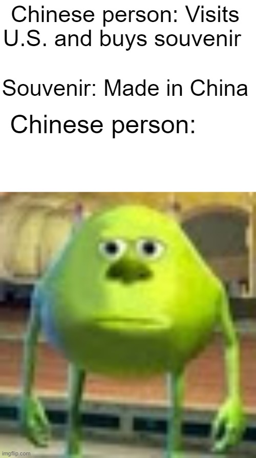 Made in China | Chinese person: Visits U.S. and buys souvenir; Souvenir: Made in China; Chinese person: | image tagged in blank white template,sully wazowski | made w/ Imgflip meme maker