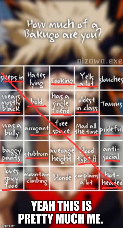 Bakugo Bingo | YEAH THIS IS PRETTY MUCH ME. | image tagged in how much of a bakgo are you,bakugo,myanimedeppresion | made w/ Imgflip meme maker
