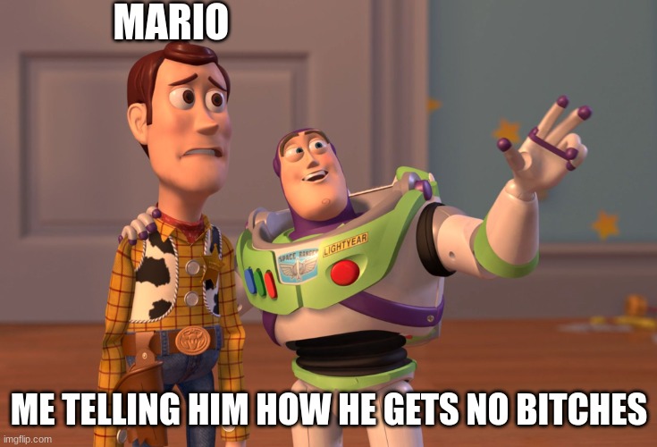 no bitches | MARIO; ME TELLING HIM HOW HE GETS NO BITCHES | image tagged in memes,x x everywhere | made w/ Imgflip meme maker