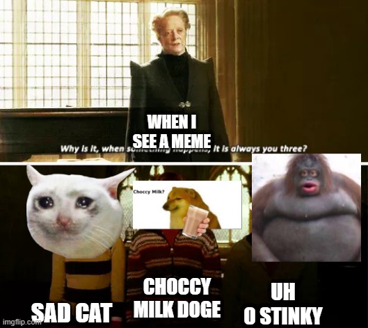 Always you three | WHEN I SEE A MEME; SAD CAT; CHOCCY MILK DOGE; UH 0 STINKY | image tagged in always you three | made w/ Imgflip meme maker