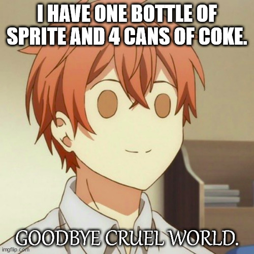 okay | I HAVE ONE BOTTLE OF SPRITE AND 4 CANS OF COKE. GOODBYE CRUEL WORLD. | image tagged in okay | made w/ Imgflip meme maker