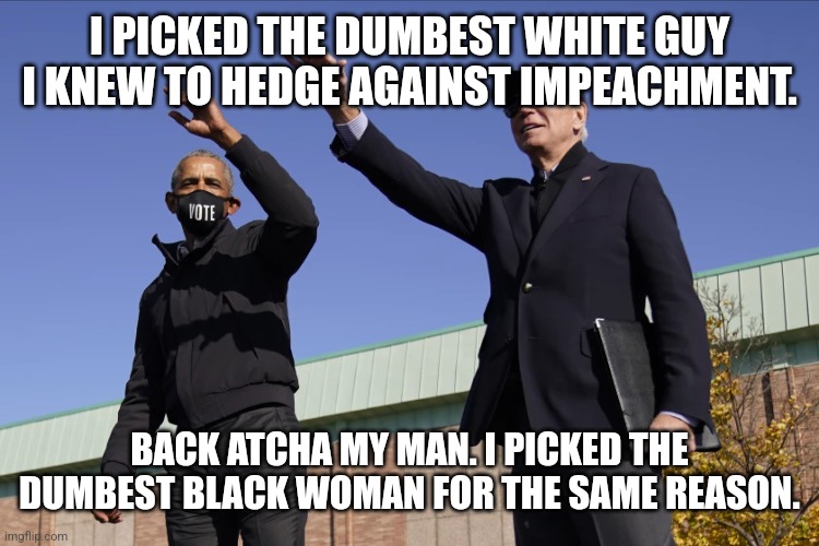 Yup. And we was all scaaaroood by both of these clowns. | I PICKED THE DUMBEST WHITE GUY I KNEW TO HEDGE AGAINST IMPEACHMENT. BACK ATCHA MY MAN. I PICKED THE DUMBEST BLACK WOMAN FOR THE SAME REASON. | image tagged in thanks obama,sad joe biden,kamala harris,stupid liberals,dnc,rnc | made w/ Imgflip meme maker