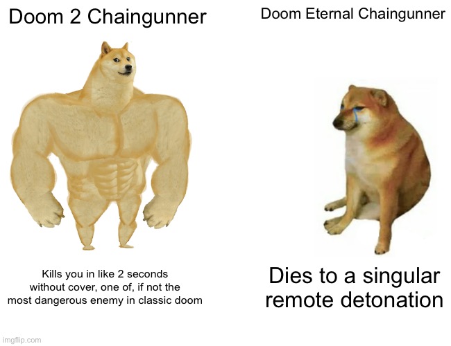 Buff Doge vs. Cheems |  Doom 2 Chaingunner; Doom Eternal Chaingunner; Kills you in like 2 seconds without cover, one of, if not the most dangerous enemy in classic doom; Dies to a singular remote detonation | image tagged in memes,buff doge vs cheems | made w/ Imgflip meme maker