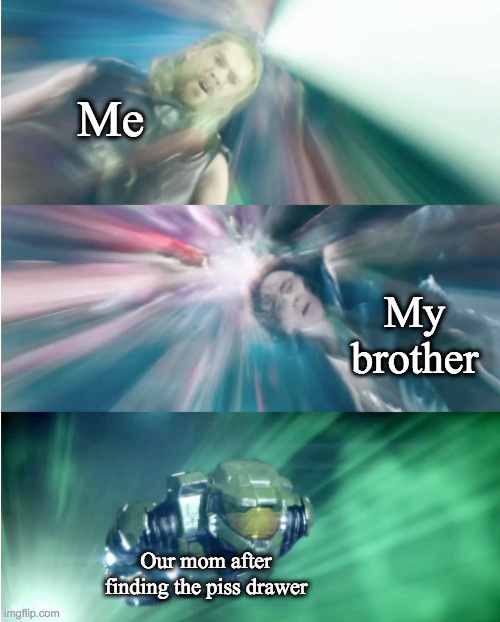 Instead of a belt, she has an Energy Sword | Me; My brother; Our mom after finding the piss drawer | image tagged in chief chasing thor and loki | made w/ Imgflip meme maker