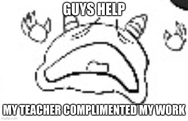 when no bobuck | GUYS HELP; MY TEACHER COMPLIMENTED MY WORK | image tagged in when no bobuck | made w/ Imgflip meme maker