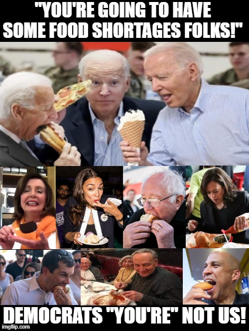 Biden, "You're going to have some food shortages folks!" "You're" not us!! | "YOU'RE GOING TO HAVE SOME FOOD SHORTAGES FOLKS!"; DEMOCRATS "YOU'RE" NOT US! | image tagged in food memes,shortage,biden,reality,democrats | made w/ Imgflip meme maker