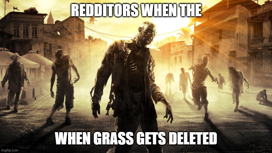 Redditor | REDDITORS WHEN THE; WHEN GRASS GETS DELETED | image tagged in dying light zombie horde,reddit,grass | made w/ Imgflip meme maker