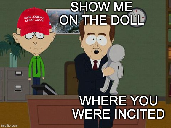 Show me on this doll | SHOW ME ON THE DOLL WHERE YOU WERE INCITED | image tagged in show me on this doll | made w/ Imgflip meme maker