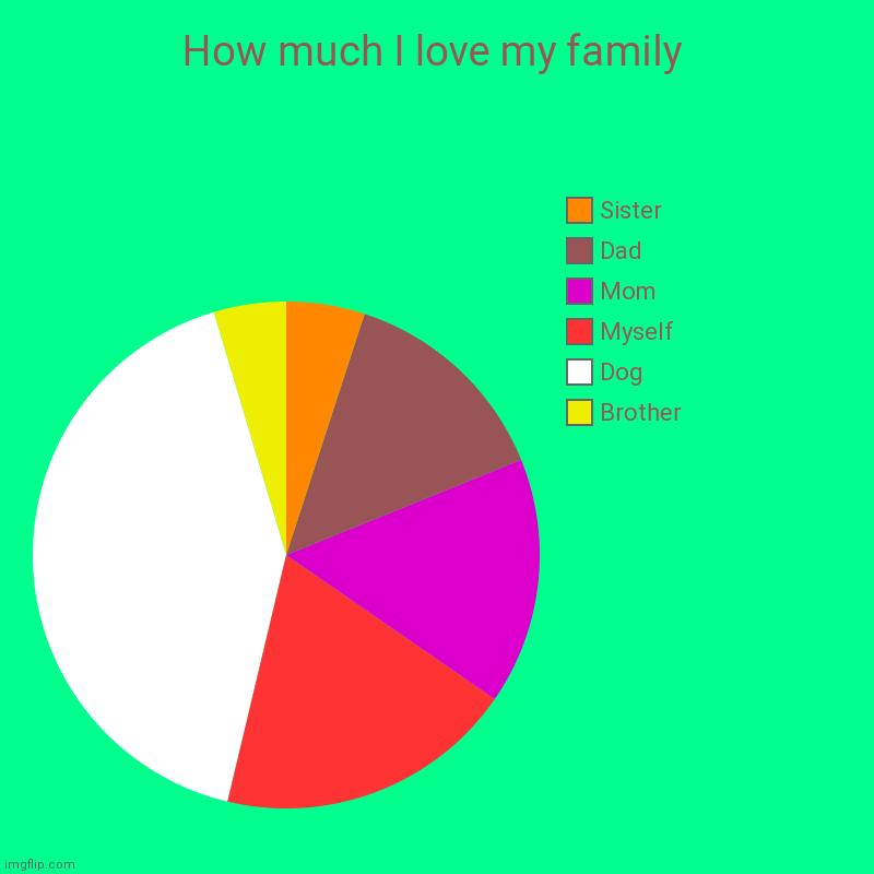 How much I love my family | How much I love my family | Brother, Dog, Myself, Mom, Dad, Sister | image tagged in charts,pie charts | made w/ Imgflip chart maker