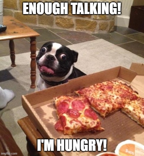 Hungry Pizza Dog | ENOUGH TALKING! I'M HUNGRY! | image tagged in hungry pizza dog | made w/ Imgflip meme maker