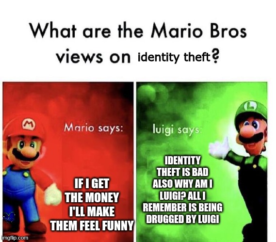 theft | identity theft; IDENTITY THEFT IS BAD ALSO WHY AM I LUIGI? ALL I REMEMBER IS BEING DRUGGED BY LUIGI; IF I GET THE MONEY I'LL MAKE THEM FEEL FUNNY | image tagged in mario bros views | made w/ Imgflip meme maker