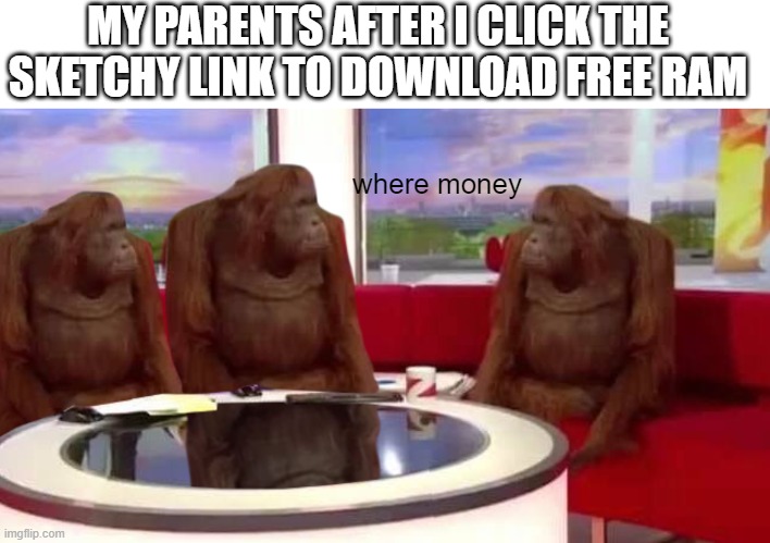 where monkey | MY PARENTS AFTER I CLICK THE SKETCHY LINK TO DOWNLOAD FREE RAM; where money | image tagged in where monkey | made w/ Imgflip meme maker