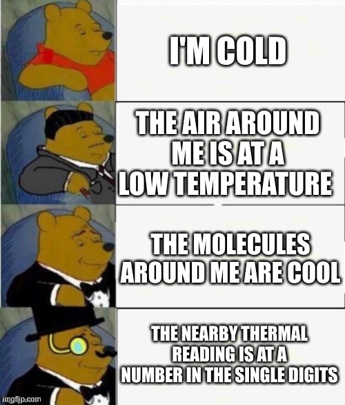 Tuxedo Winnie the Pooh 4 panel | I'M COLD; THE AIR AROUND ME IS AT A LOW TEMPERATURE; THE MOLECULES AROUND ME ARE COOL; THE NEARBY THERMAL READING IS AT A NUMBER IN THE SINGLE DIGITS | image tagged in tuxedo winnie the pooh 4 panel | made w/ Imgflip meme maker