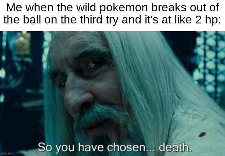 Image Title | Me when the wild pokemon breaks out of the ball on the third try and it's at like 2 hp: | image tagged in so you have chosen death | made w/ Imgflip meme maker