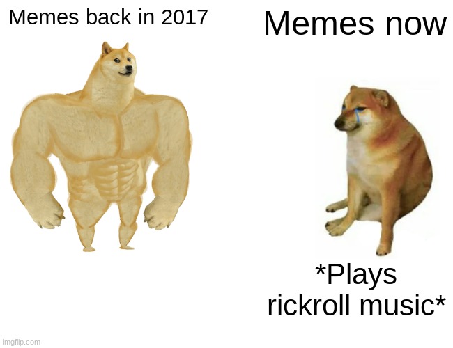 idk help | Memes back in 2017; Memes now; *Plays rickroll music* | image tagged in memes,buff doge vs cheems | made w/ Imgflip meme maker