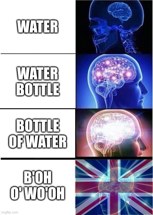 British Moment | WATER; WATER BOTTLE; BOTTLE OF WATER; B'OH O' WO'OH | image tagged in memes,expanding brain,british | made w/ Imgflip meme maker