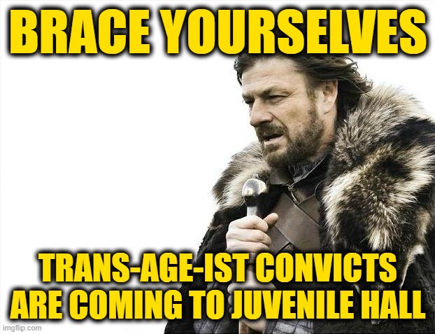 Brace Yourselves X is Coming Meme | BRACE YOURSELVES TRANS-AGE-IST CONVICTS ARE COMING TO JUVENILE HALL | image tagged in memes,brace yourselves x is coming | made w/ Imgflip meme maker