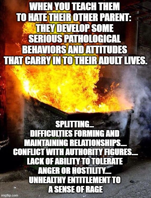 Dumpster Fire | WHEN YOU TEACH THEM 
TO HATE THEIR OTHER PARENT:  
THEY DEVELOP SOME 
SERIOUS PATHOLOGICAL 
BEHAVIORS AND ATTITUDES 
THAT CARRY IN TO THEIR ADULT LIVES. SPLITTING... 
DIFFICULTIES FORMING AND 
MAINTAINING RELATIONSHIPS....
CONFLICT WITH AUTHORITY FIGURES....
LACK OF ABILITY TO TOLERATE 
ANGER OR HOSTILITY.... 
UNHEALTHY ENTITLEMENT TO 
A SENSE OF RAGE | image tagged in dumpster fire | made w/ Imgflip meme maker