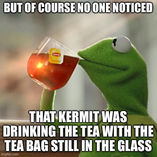 My sense of humor has gotten more mature. By this I mean E |  BUT OF COURSE NO ONE NOTICED; THAT KERMIT WAS DRINKING THE TEA WITH THE TEA BAG STILL IN THE GLASS | image tagged in memes,but that's none of my business,kermit the frog,dear lord baby jesus | made w/ Imgflip meme maker